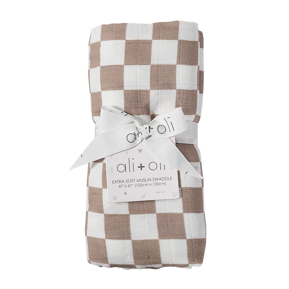 Bamboo Muslin Swaddle Blanket (Mocha Checkers) - Fancy That