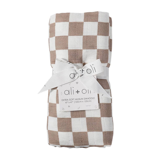 Bamboo Muslin Swaddle Blanket (Mocha Checkers) - Fancy That