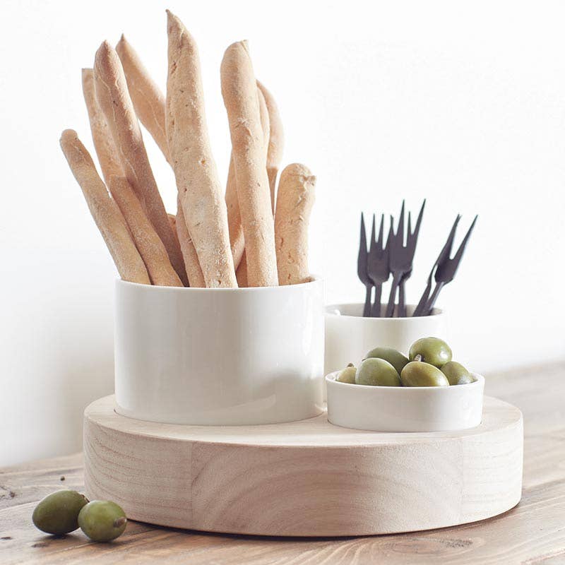 Trio Ceramic Bowls With Wood Base - Fancy That