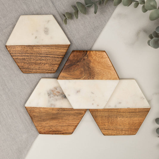 Marble and Wood Hexagon Coaster - Set of 4